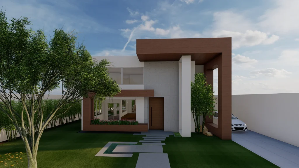 Fachada de casa moderna con líneas limpias y ventanales de piso a techo en Ecuador