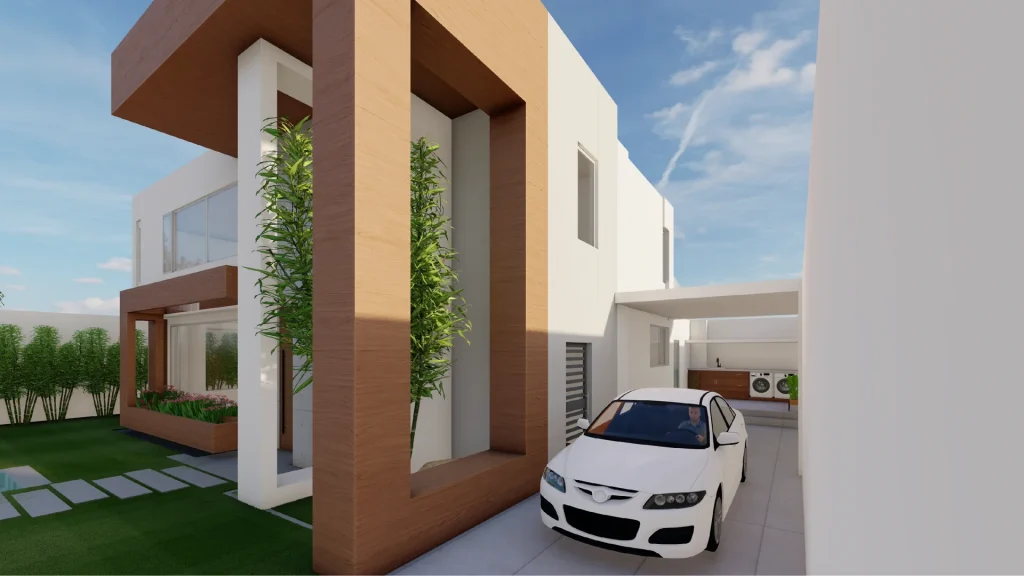 Fachada minimalista de casa con paleta neutra y volumen geométrico limpio