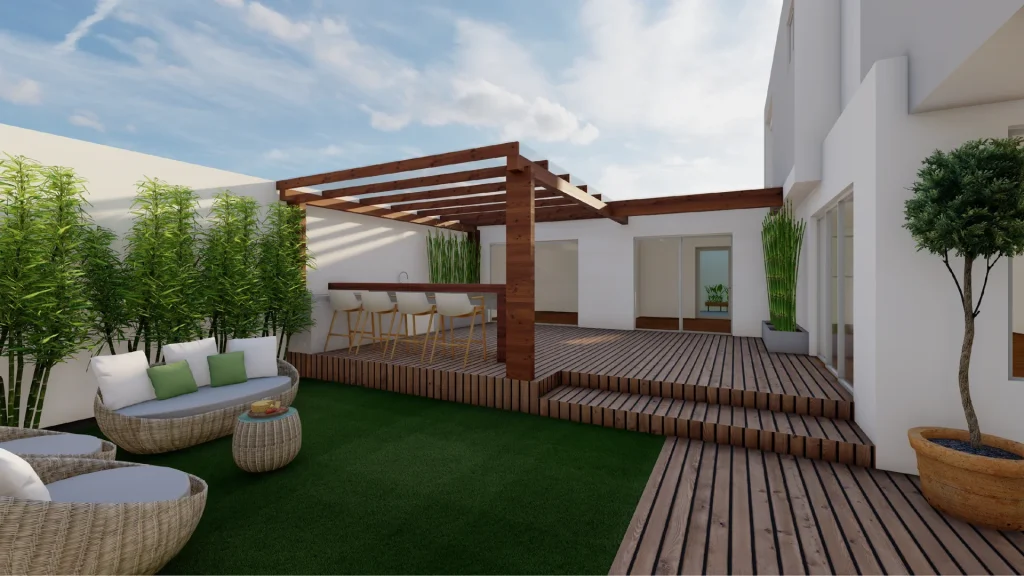 Fachada moderna de casa con composición de volúmenes en proyecto Armenia