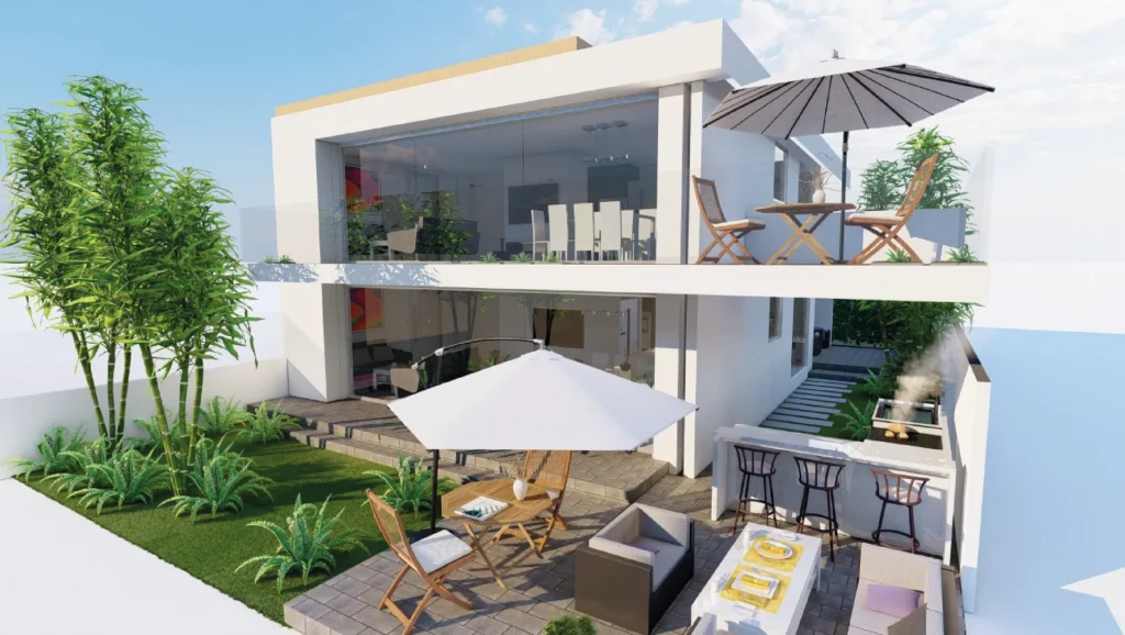 Jardín residencial con materiales sostenibles y vegetación natural en Miravalle
